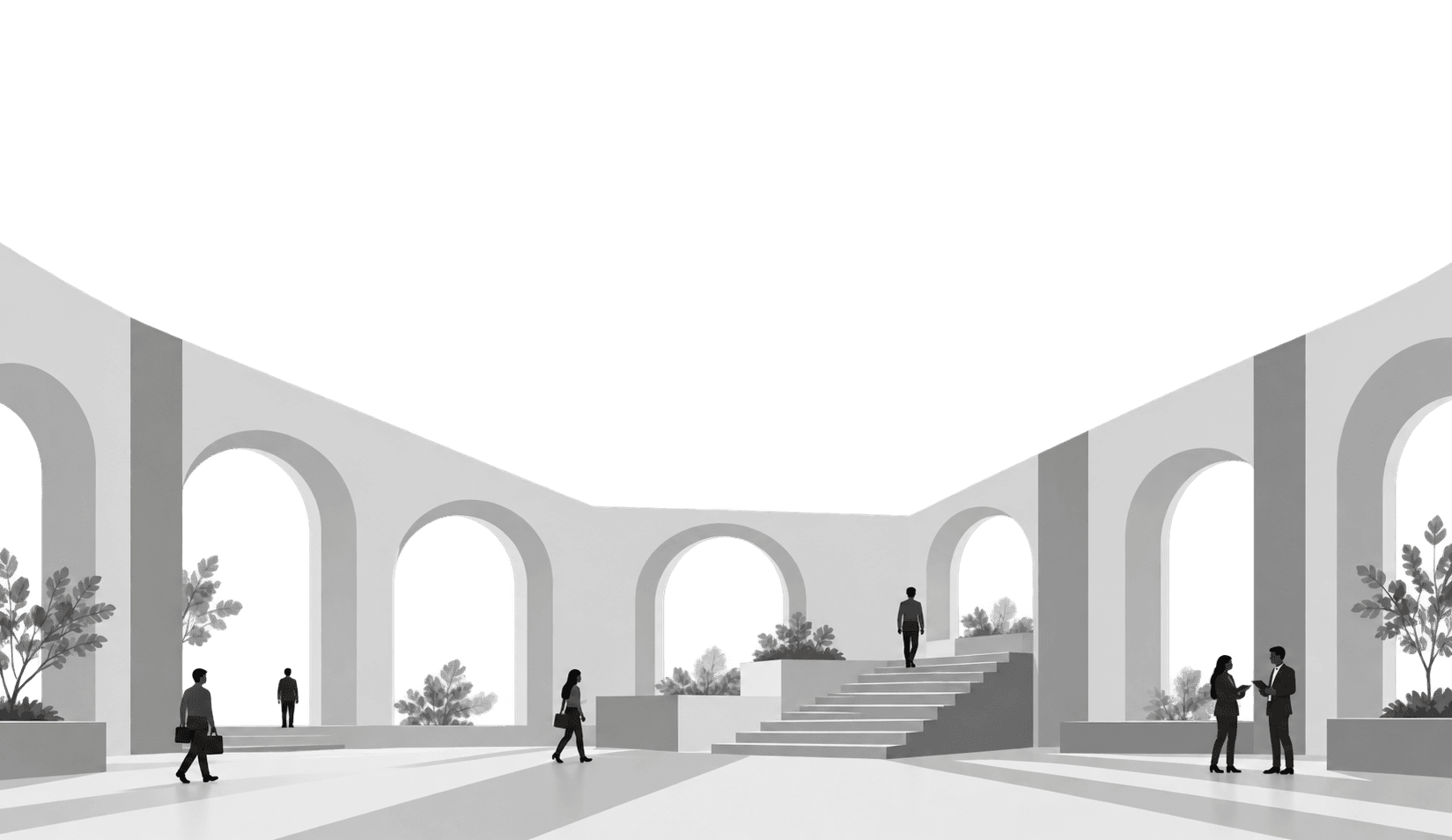 Small figures walking and talking inside a large, bright building of tall arches and a wide staircase